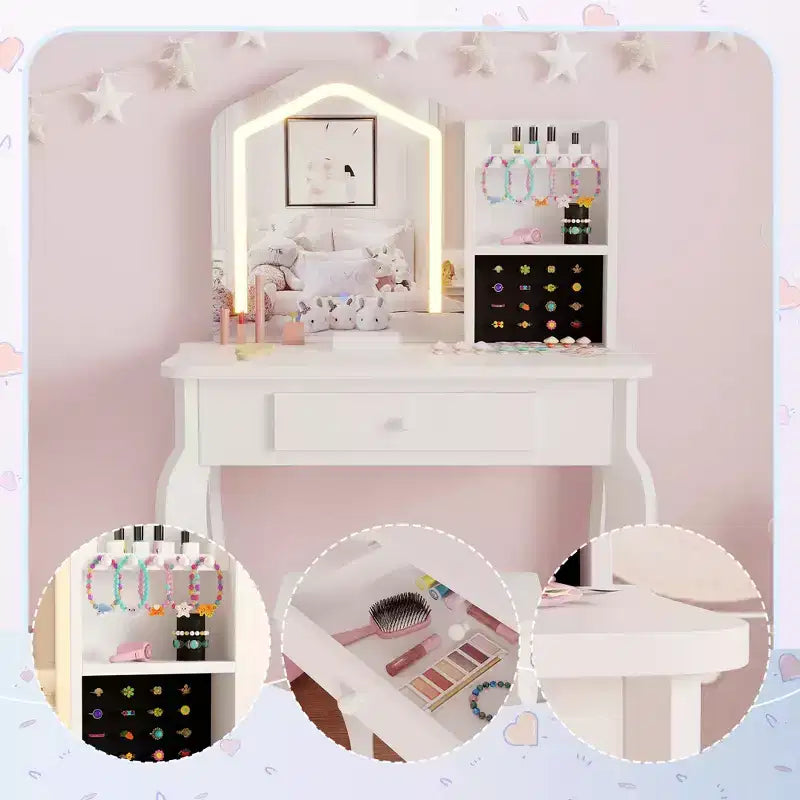 Set toeletta per bambini rosa/bianco con sgabello e cassetto, 1 bambino, legno MDF