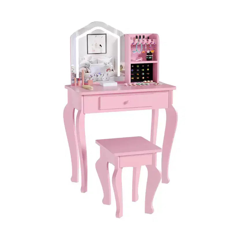 Set toeletta per bambini rosa/bianco con sgabello e cassetto, 1 bambino, legno MDF