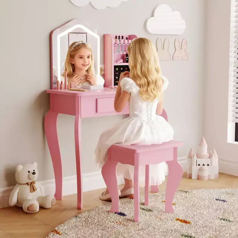 Set toeletta per bambini rosa/bianco con sgabello e cassetto, 1 bambino, legno MDF