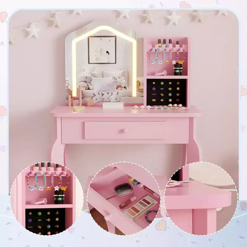 Set toeletta per bambini rosa/bianco con sgabello e cassetto, 1 bambino, legno MDF