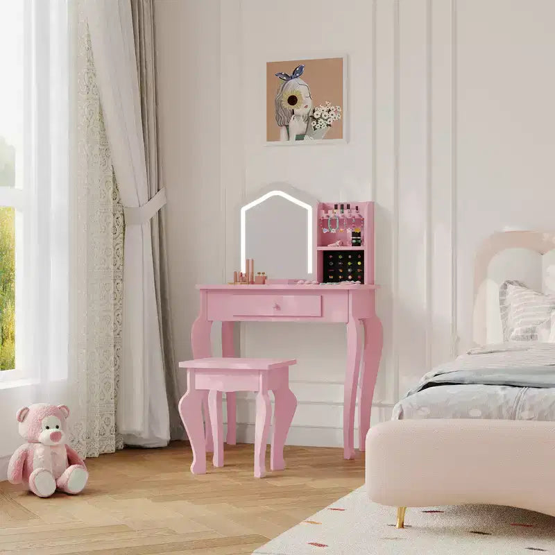 Set toeletta per bambini rosa/bianco con sgabello e cassetto, 1 bambino, legno MDF