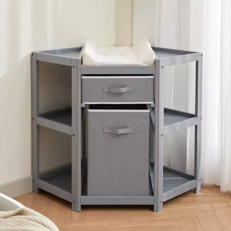 Fasciatoio ad angolo grigio con cassetto e cesto portabiancheria, 1 bambino, legno di pino