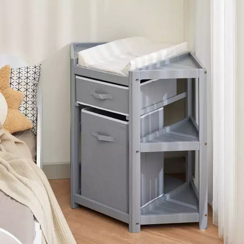 Fasciatoio ad angolo grigio con cassetto e cesto portabiancheria, 1 bambino, legno di pino