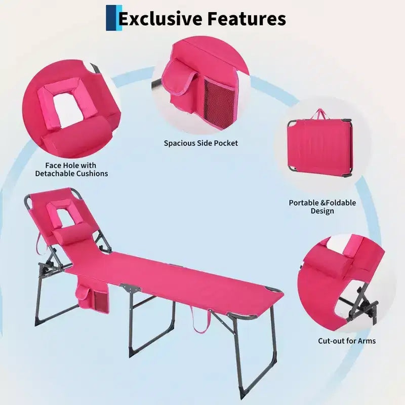 Sedia a sdraio reclinabile pieghevole a 5 posizioni blu/rosa/rossa con foro facciale, singola