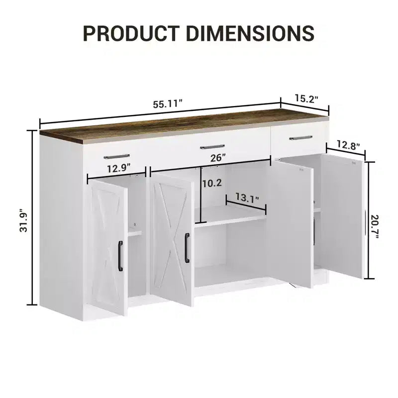 Madia buffet da 55" White & Black / White Wood con cassetti – Confezione doppia (montaggio da 2 persone)