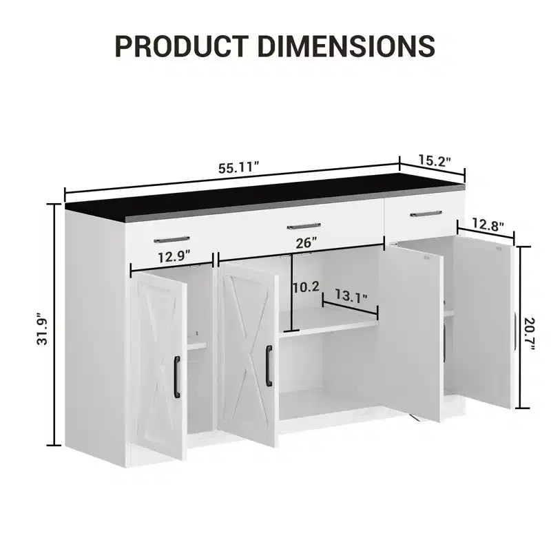 Madia buffet da 55" White & Black / White Wood con cassetti – Confezione doppia (montaggio da 2 persone)