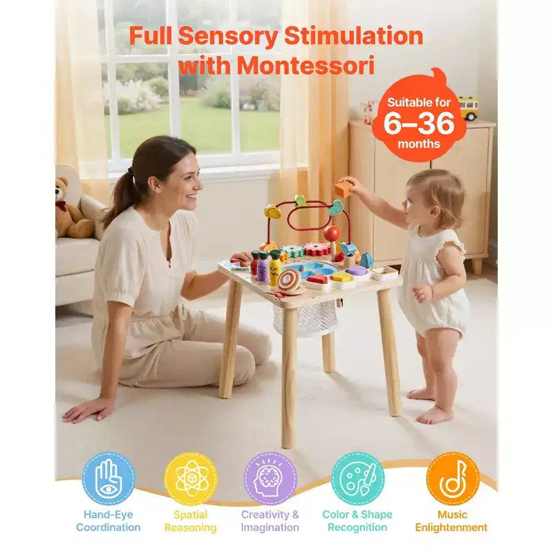 Tavolo attività in legno multicolore 8-in-1 per bambini da 6 mesi in su