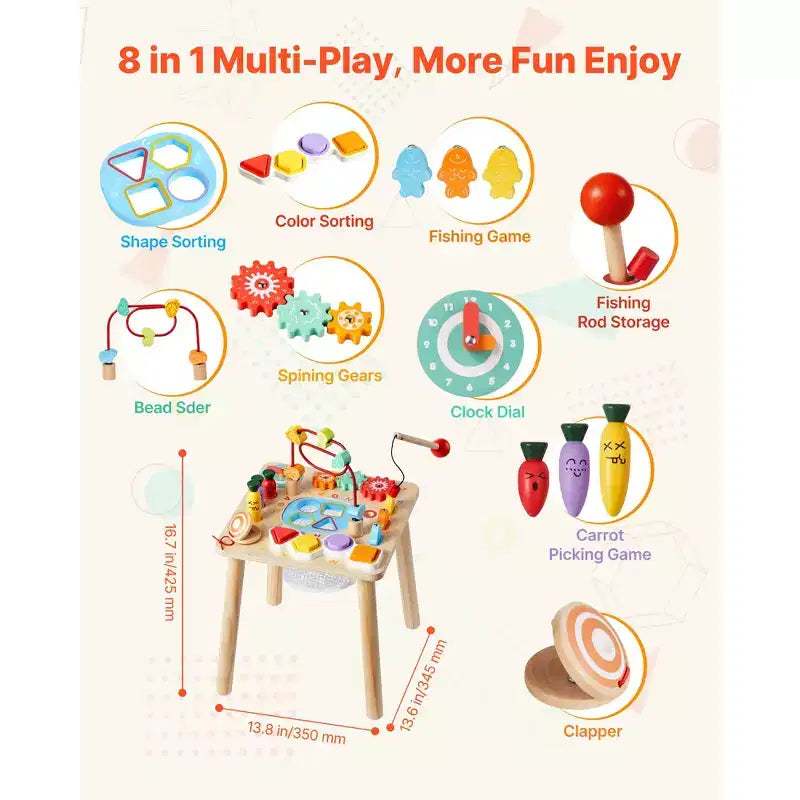 Tavolo attività in legno multicolore 8-in-1 per bambini da 6 mesi in su