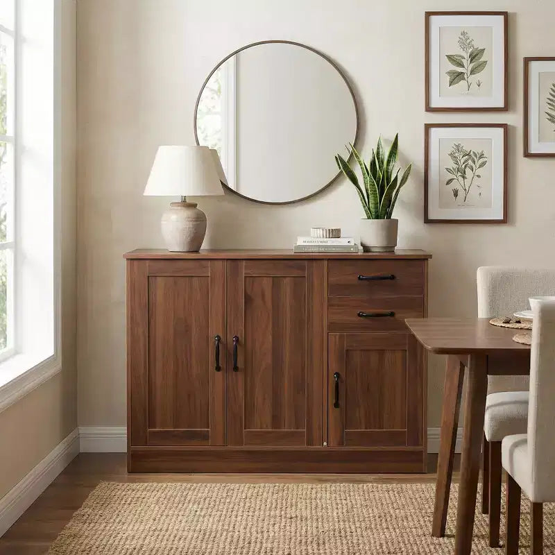 Credenza in Legno Naturale con 3 Ante e 2 Cassetti