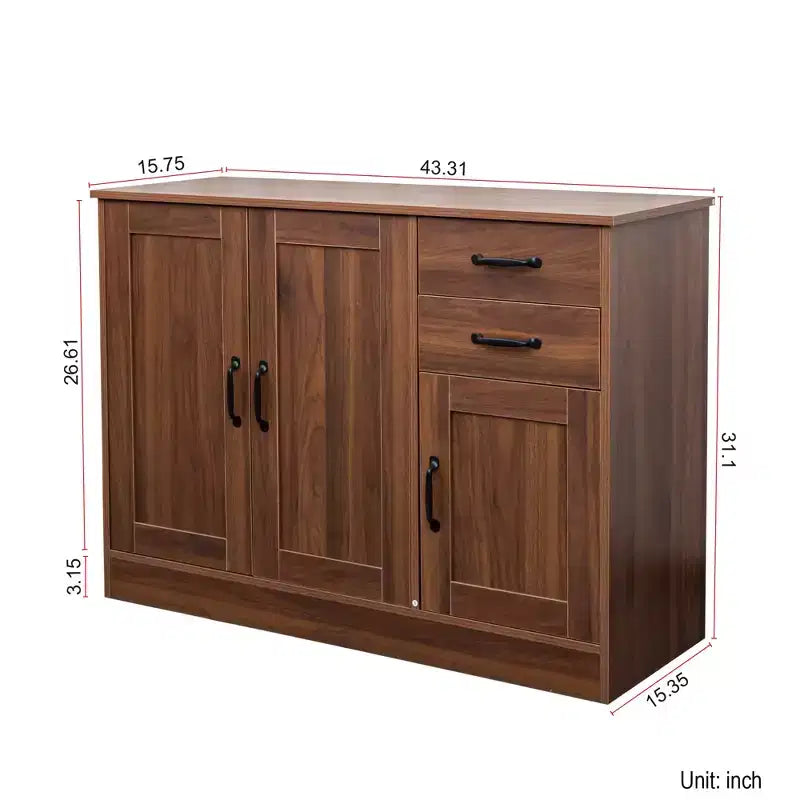Credenza in Legno Naturale con 3 Ante e 2 Cassetti