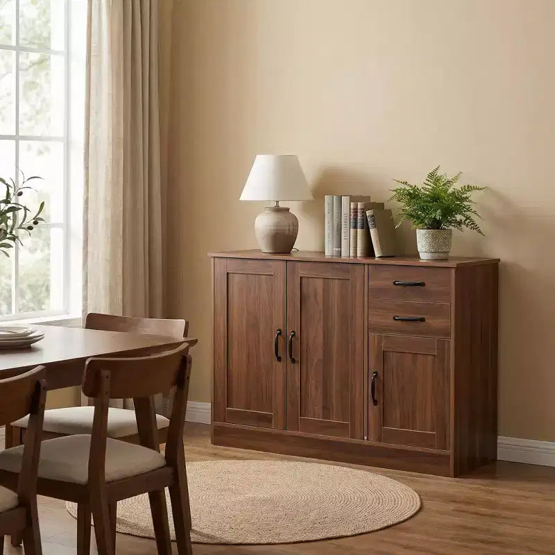 Credenza in Legno Naturale con 3 Ante e 2 Cassetti