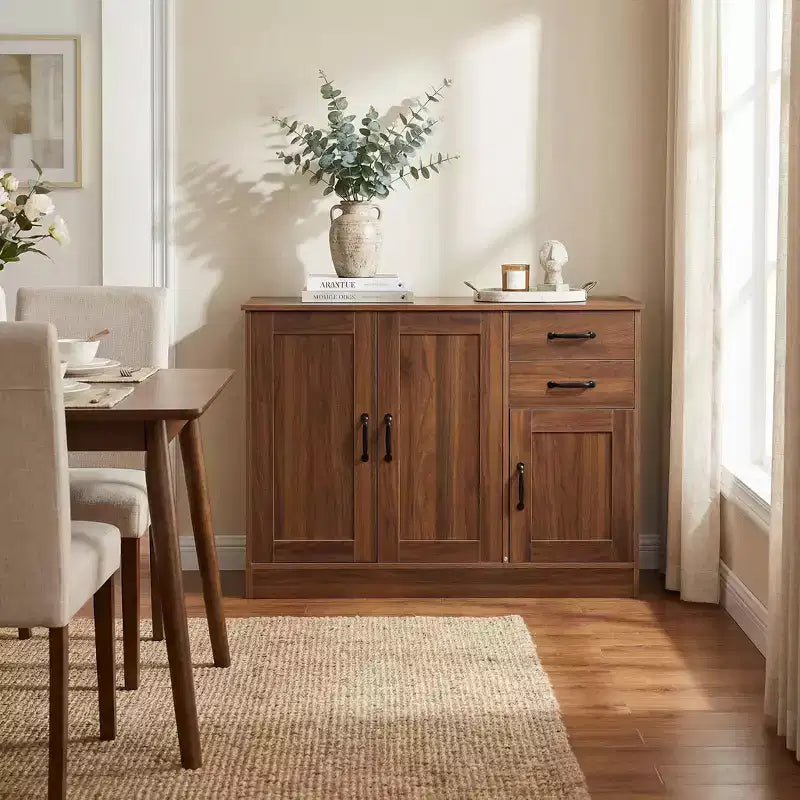 Credenza in Legno Naturale con 3 Ante e 2 Cassetti