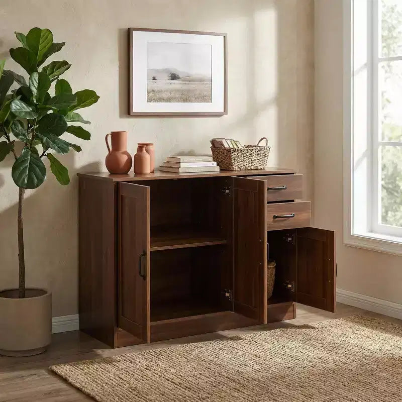 Credenza in Legno Naturale con 3 Ante e 2 Cassetti