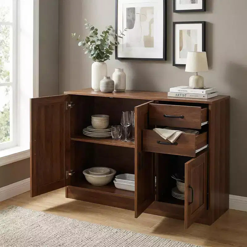 Credenza in Legno Naturale con 3 Ante e 2 Cassetti