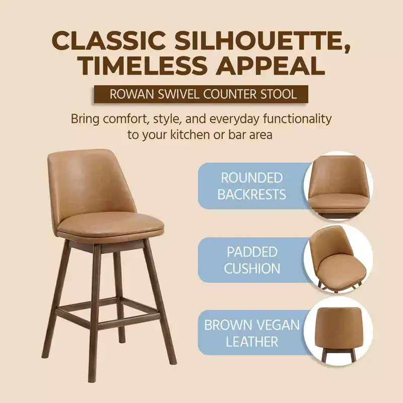 Sgabello da bancone girevole in similpelle marrone, finitura noce, set da 4