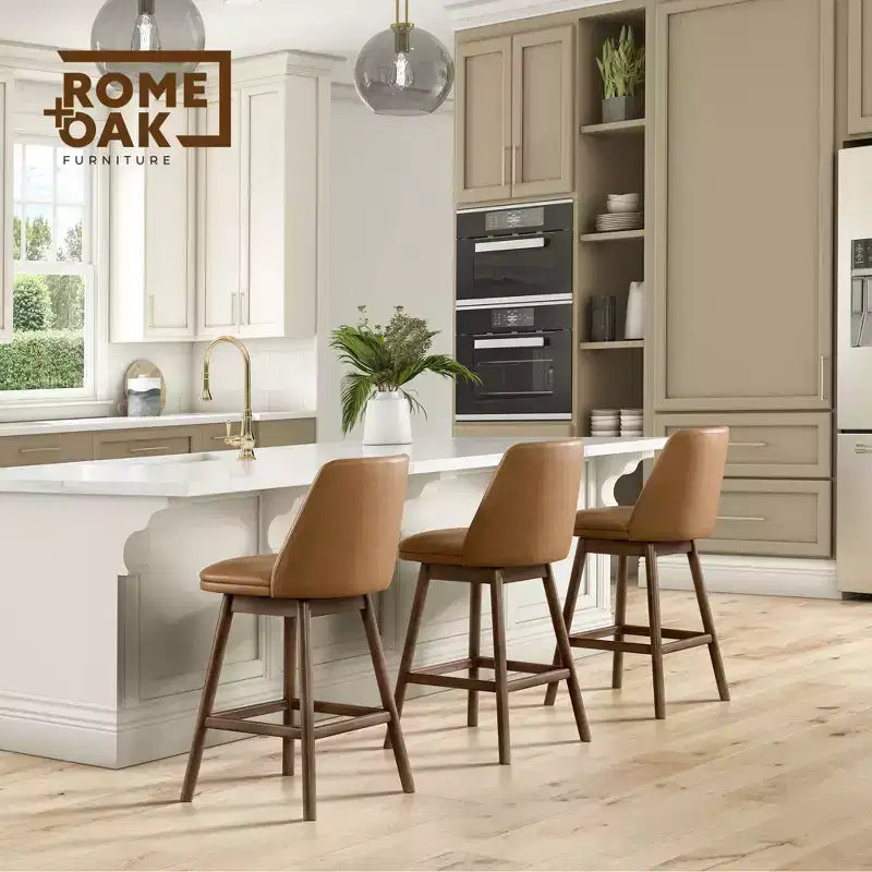Sgabello da bancone girevole in similpelle marrone, finitura noce, set da 4