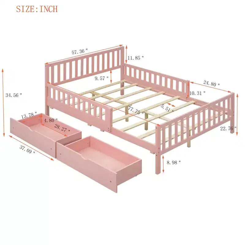 Letto matrimoniale in legno rosa con sponde e 2 cassetti, 1 persona