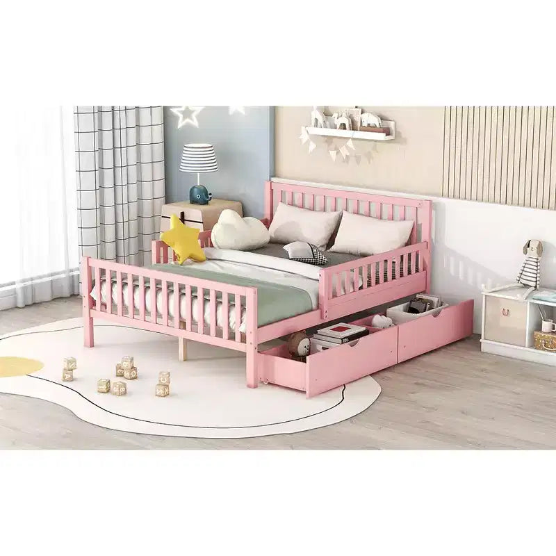 Letto matrimoniale in legno rosa con sponde e 2 cassetti, 1 persona