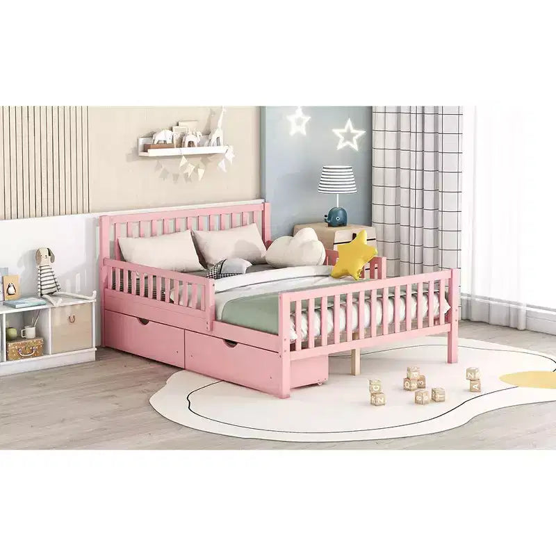 Letto matrimoniale in legno rosa con sponde e 2 cassetti, 1 persona
