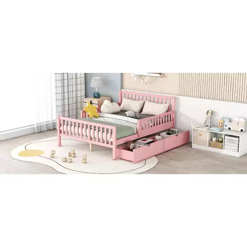 Letto matrimoniale in legno rosa con sponde e 2 cassetti, 1 persona