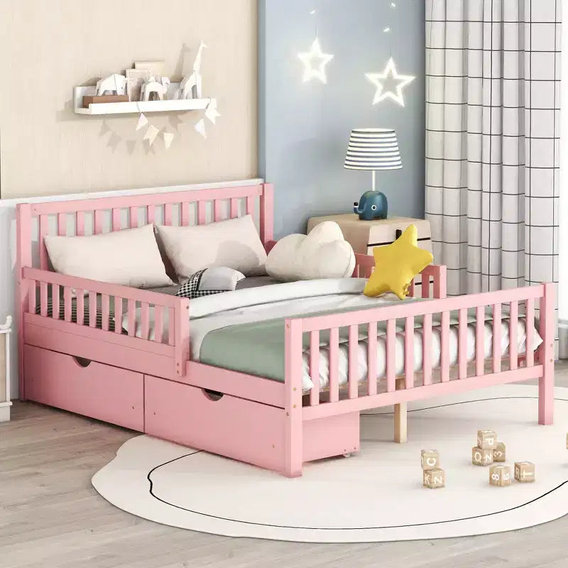Letto matrimoniale in legno rosa con sponde e 2 cassetti, 1 persona
