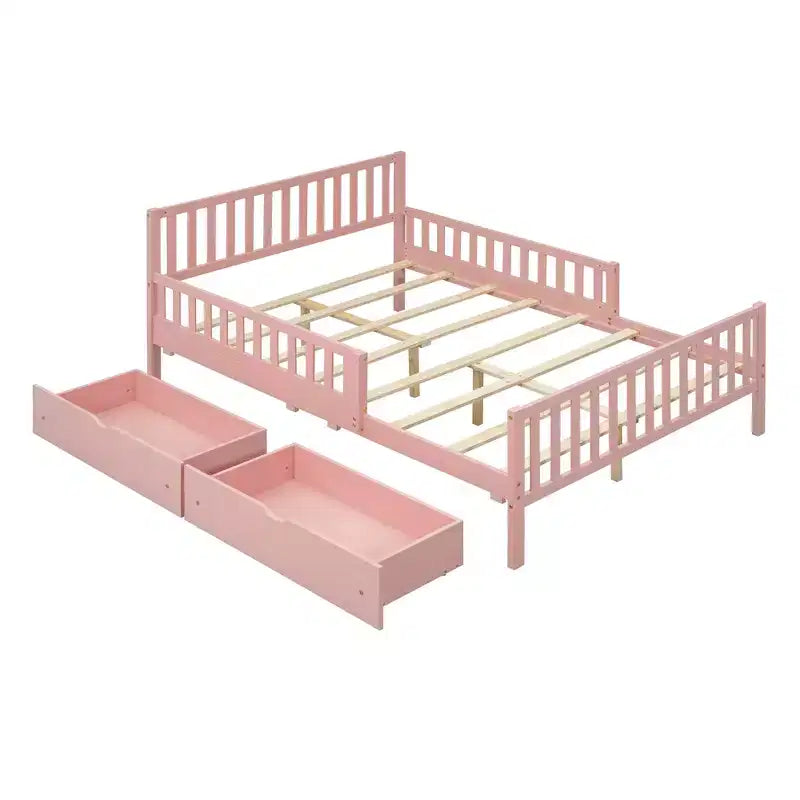 Letto matrimoniale in legno rosa con sponde e 2 cassetti, 1 persona