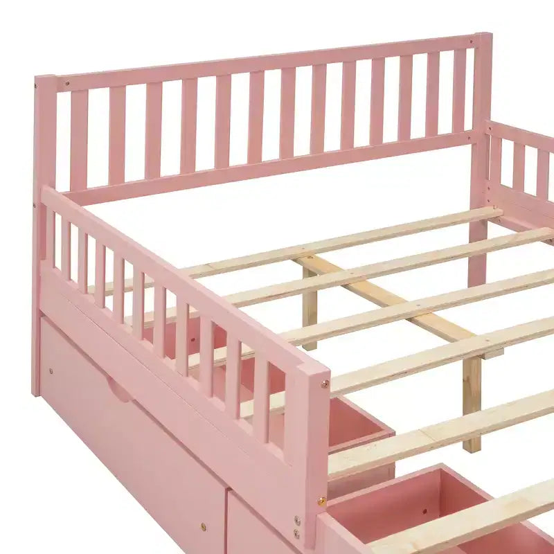 Letto matrimoniale in legno rosa con sponde e 2 cassetti, 1 persona