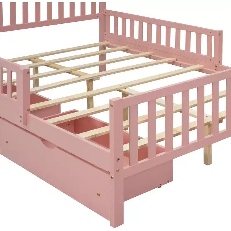 Letto matrimoniale in legno rosa con sponde e 2 cassetti, 1 persona