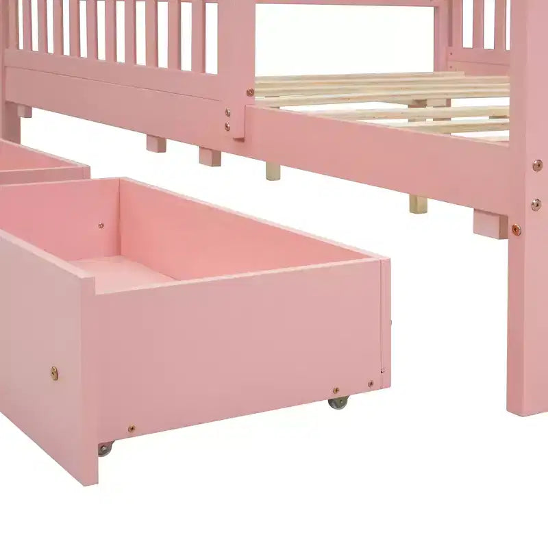 Letto matrimoniale in legno rosa con sponde e 2 cassetti, 1 persona
