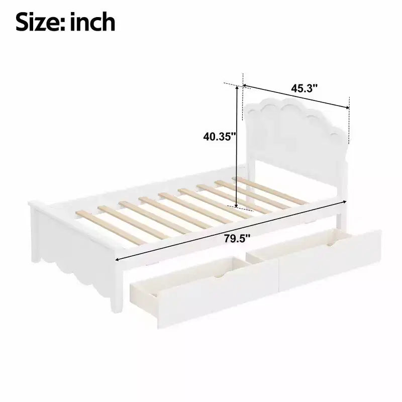 Letto a piattaforma contenitore bianco con testiera, 2 cassetti – Singolo/Matrimoniale