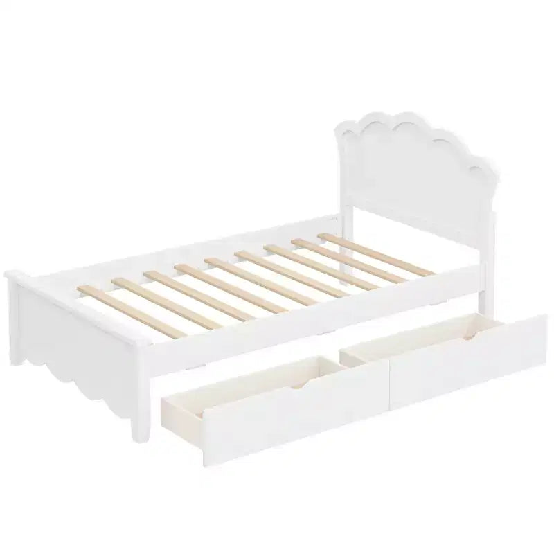 Letto a piattaforma contenitore bianco con testiera, 2 cassetti – Singolo/Matrimoniale