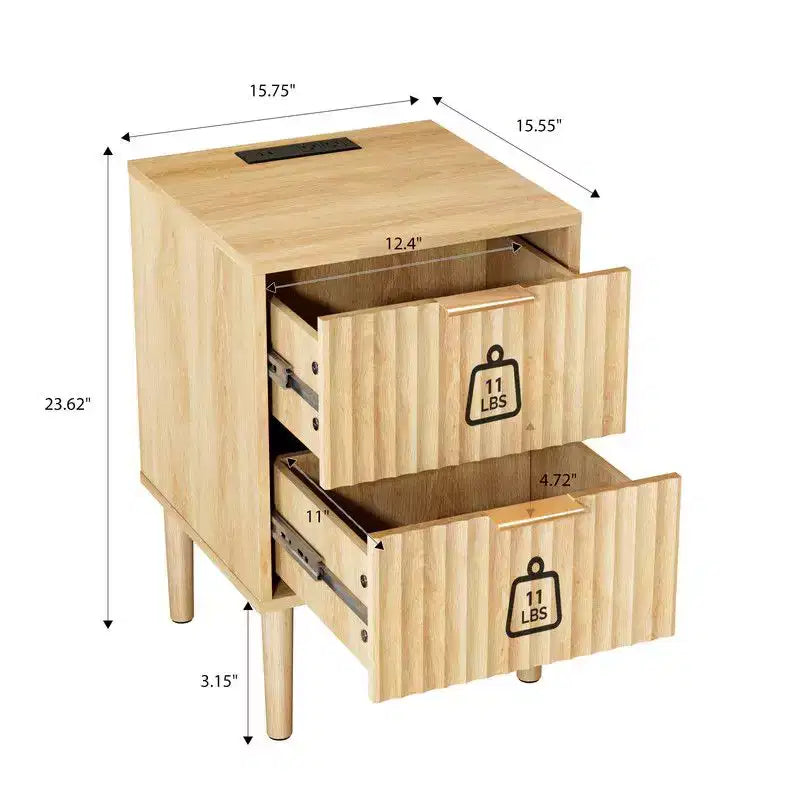 Comodino color rovere beige con 2 cassetti e porte USB, per 1 persona