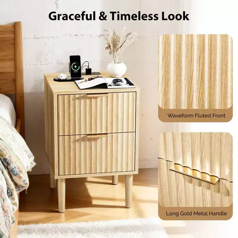 Comodino color rovere beige con 2 cassetti e porte USB, per 1 persona