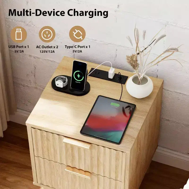 Comodino color rovere beige con 2 cassetti e porte USB, per 1 persona