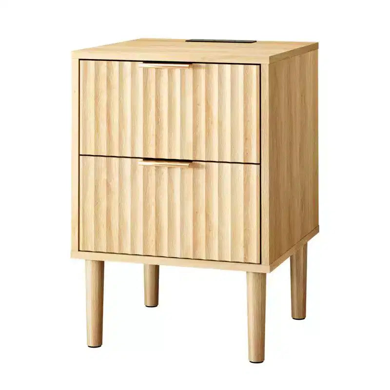Comodino color rovere beige con 2 cassetti e porte USB, per 1 persona