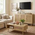 Living Room Table Sets of 2, Includes 47 Rattan TV Stand Storage Cabinet for 55 TV, Farmhouse Coffee Table with Storage Shelf for Bedroom