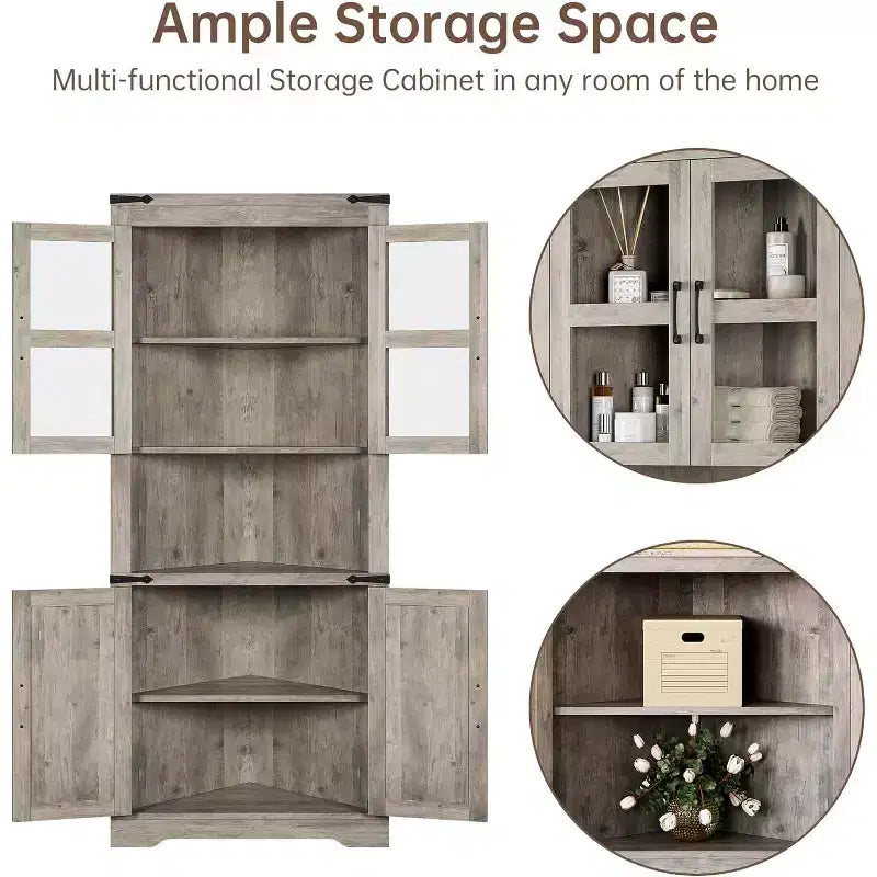 Mobile ad angolo con ante - 6 ripiani, singolo - Grigio/Marrone retrò/Legno