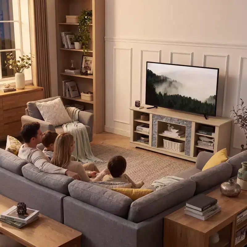 Mobile TV con ripiani a vista, finitura naturale, bianco, adatto per TV fino a 65", montaggio da 1 persona