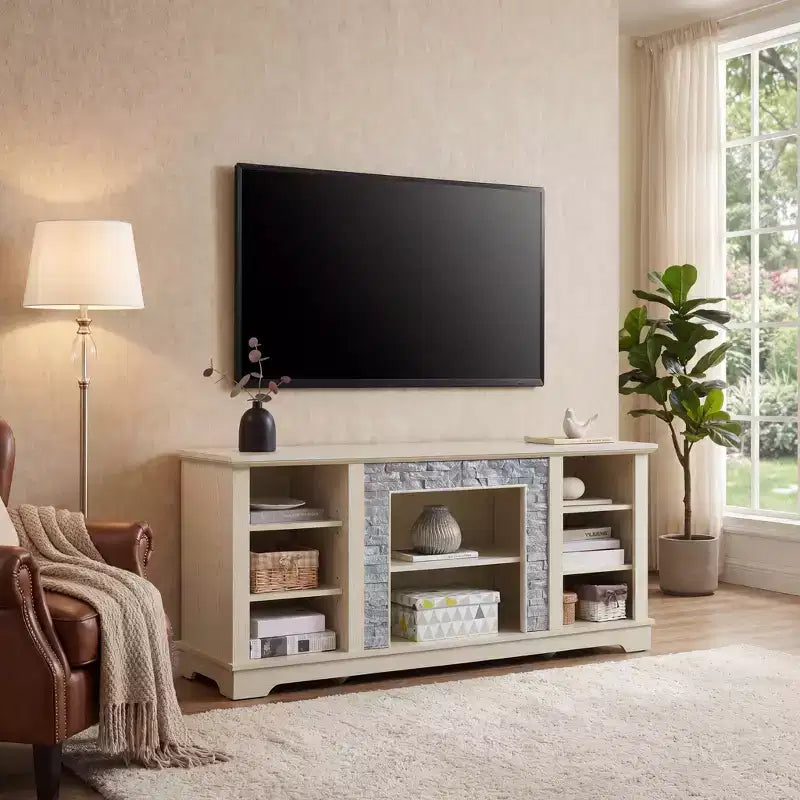 Mobile TV con ripiani a vista, finitura naturale, bianco, adatto per TV fino a 65", montaggio da 1 persona