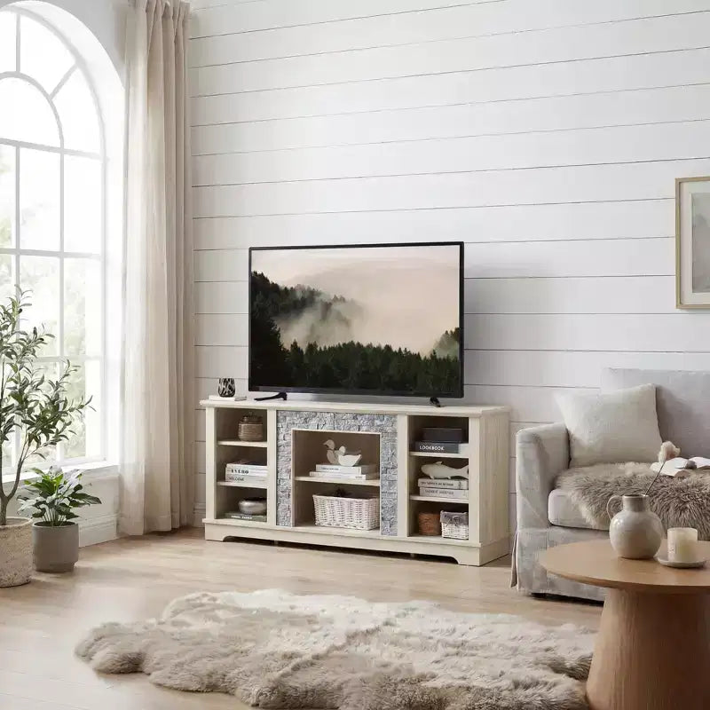 Mobile TV con ripiani a vista, finitura naturale, bianco, adatto per TV fino a 65", montaggio da 1 persona