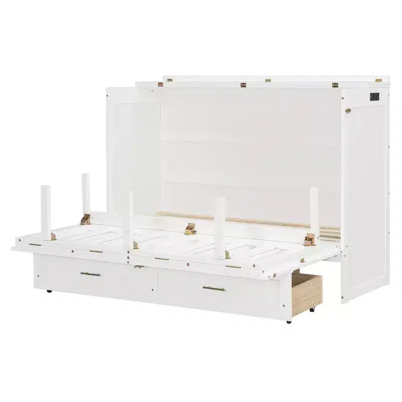 Letto a scomparsa Queen grigio/blu navy/bianco con cassetti, blocco di sicurezza e presa elettrica
