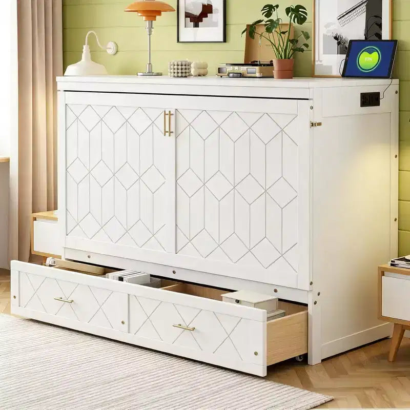 Letto a scomparsa Queen grigio/blu navy/bianco con cassetti, blocco di sicurezza e presa elettrica