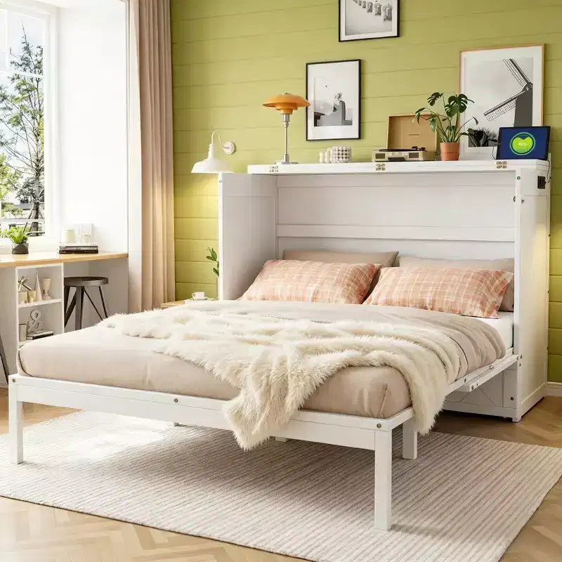 Letto a scomparsa Queen grigio/blu navy/bianco con cassetti, blocco di sicurezza e presa elettrica