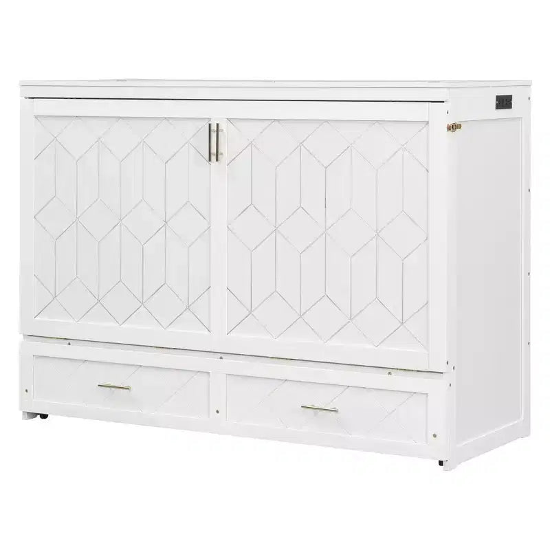 Letto a scomparsa Queen grigio/blu navy/bianco con cassetti, blocco di sicurezza e presa elettrica