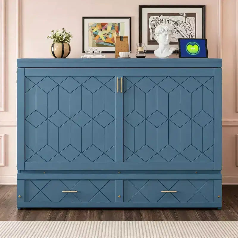 Letto a scomparsa Queen grigio/blu navy/bianco con cassetti, blocco di sicurezza e presa elettrica