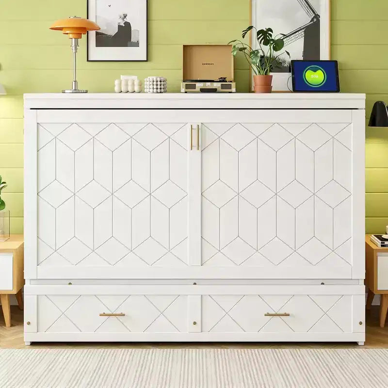 Letto a scomparsa Queen grigio/blu navy/bianco con cassetti, blocco di sicurezza e presa elettrica