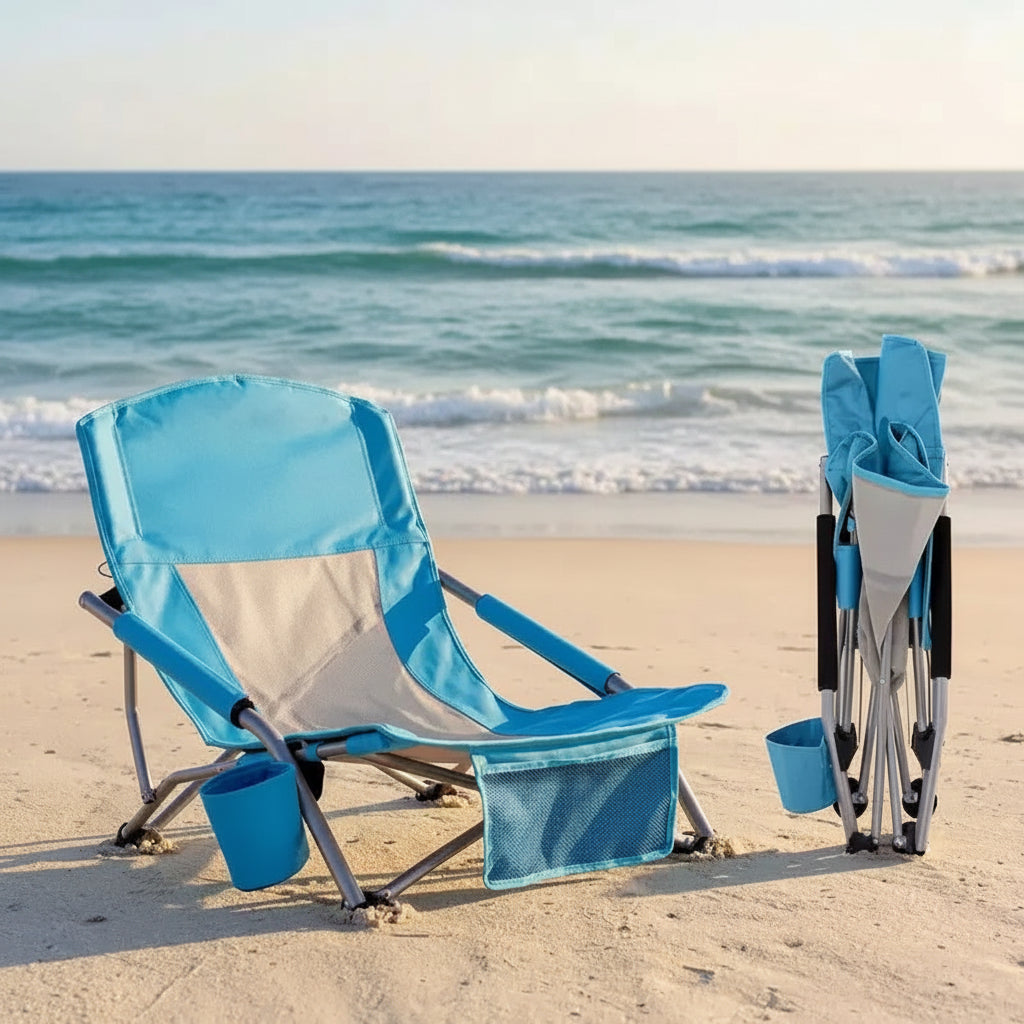 Sedia da Spiaggia Pieghevole Blu con Portabicchieri e Borsa da Trasporto – 1 o 2 Persone