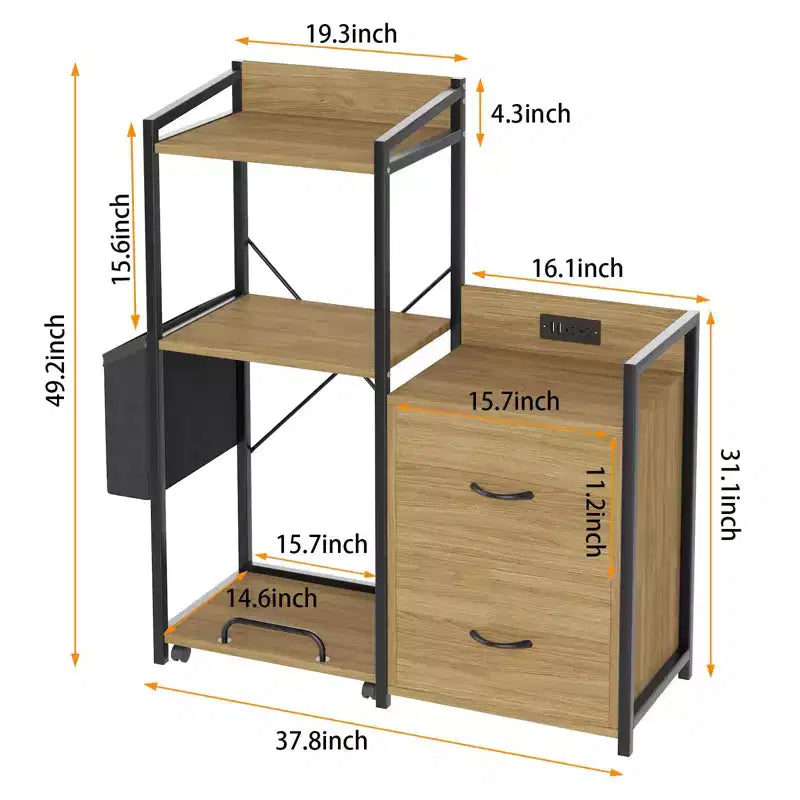 Nero / Legno Naturale / Marrone Retrò Classificatore a 2 Cassetti con Ciabatta Elettrica e LED RGB, Per Utente Singolo
