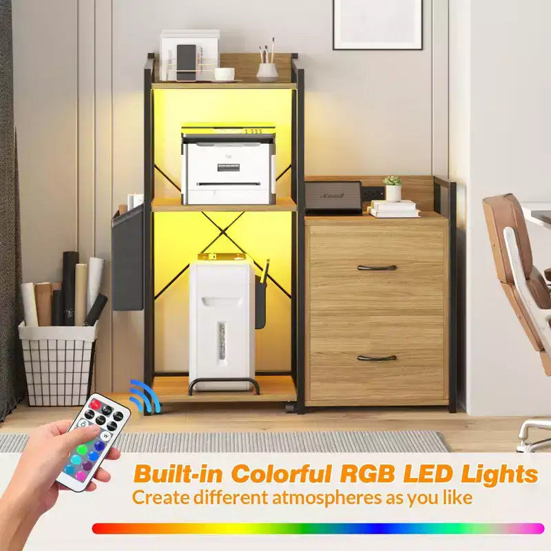 Nero / Legno Naturale / Marrone Retrò Classificatore a 2 Cassetti con Ciabatta Elettrica e LED RGB, Per Utente Singolo