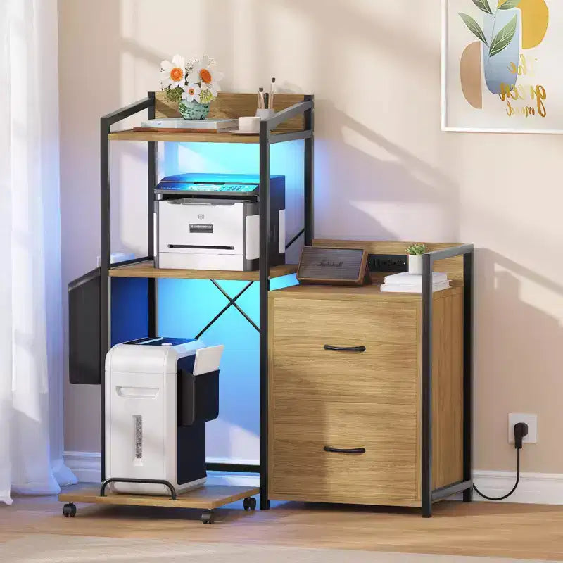 Nero / Legno Naturale / Marrone Retrò Classificatore a 2 Cassetti con Ciabatta Elettrica e LED RGB, Per Utente Singolo